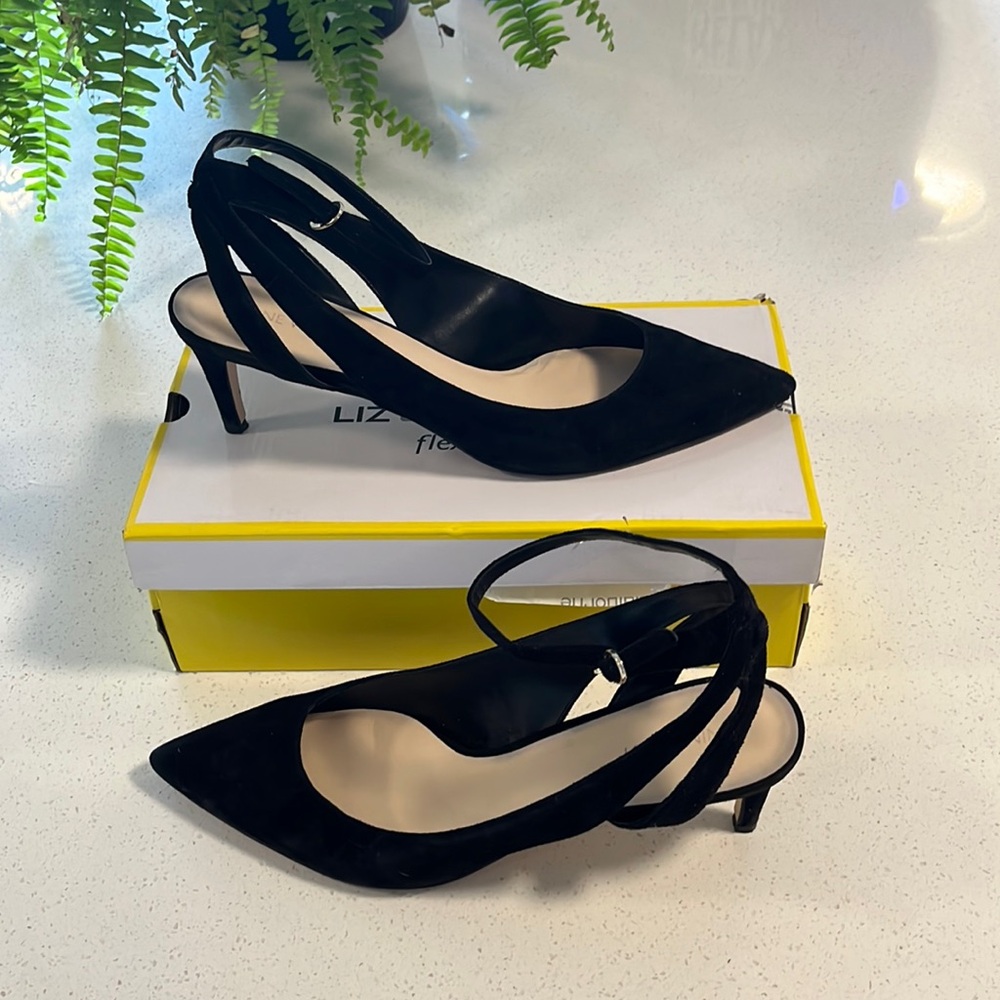 In good condition - used black faux suede Nine West heeled shoes, size 11.